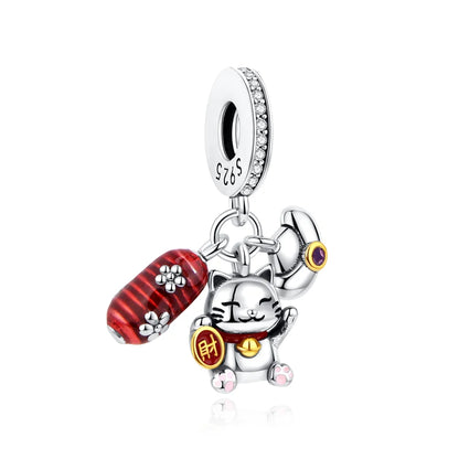 Charms Originais de Prata Esterlina 925, Pingente de Gato da Sorte, Boneca Japonesa, Presente de Ano Novo, Pulseiras e Colares para Mulheres, Joias