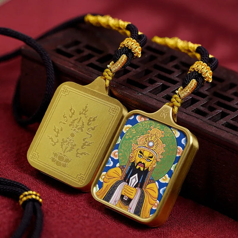 Vintage titânio aço thangka pingentes estilo tibetano zhakiram amarelo deus da riqueza colar talismã masculino e feminino