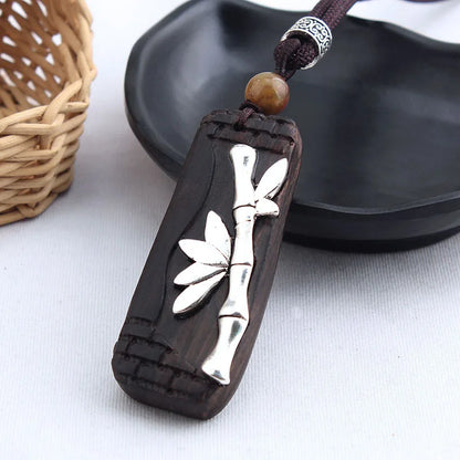 Colar longo com pingente de madeira de ébano, estilo chinês, feito à mão, com design retro, para mulheres, ideal para usar com blusas de tricô, com cordão encerado, joia de estilo étnico boho, para uso diário.