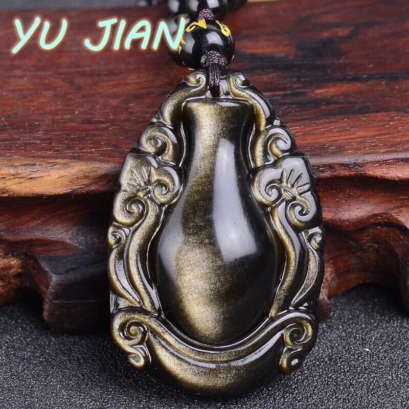 Pingente de Vaso de Obsidiana Fina, Colar Natural Preto e Dourado com Corrente de Pérolas, Joias de Moda para Casais