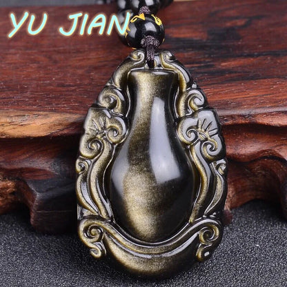 Pingente de Vaso de Obsidiana Fina, Colar Natural Preto e Dourado com Corrente de Pérolas, Joias de Moda para Casais