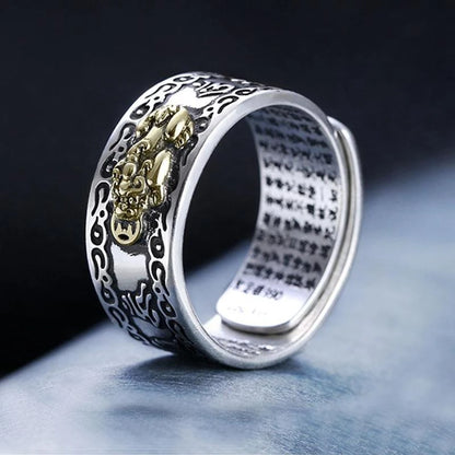 Anel chinês de feng shui pixiu, moedas de cobre banhadas a prata, anéis ajustáveis para mulheres, homens, amuleto, riqueza, joias da sorte, presente de aniversário