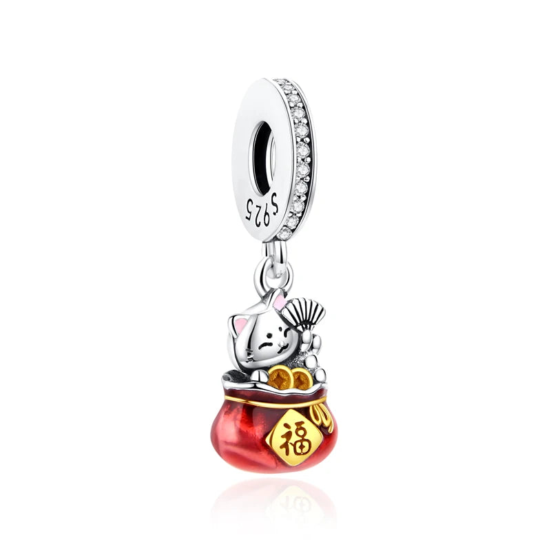 Charms Originais de Prata Esterlina 925, Pingente de Gato da Sorte, Boneca Japonesa, Presente de Ano Novo, Pulseiras e Colares para Mulheres, Joias