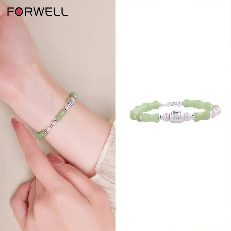 Pulseira de Prata Esterlina de Alta Qualidade com Pérola Natural e Jade Hetian em Forma de Nó de Bambu para Mulheres, Presente de Joalheria