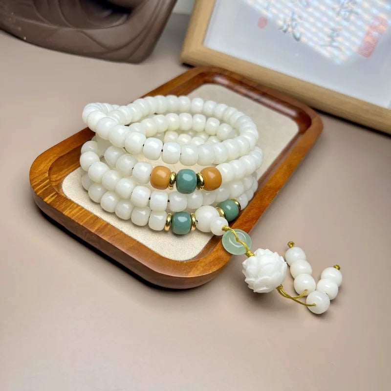 Pulseira de Jade Branco com 108 Contas Budistas, Semente de Bodhi de Lótus, Multicamadas, Cultural e Artística para Oração