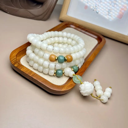 Pulseira de Jade Branco com 108 Contas Budistas, Semente de Bodhi de Lótus, Multicamadas, Cultural e Artística para Oração