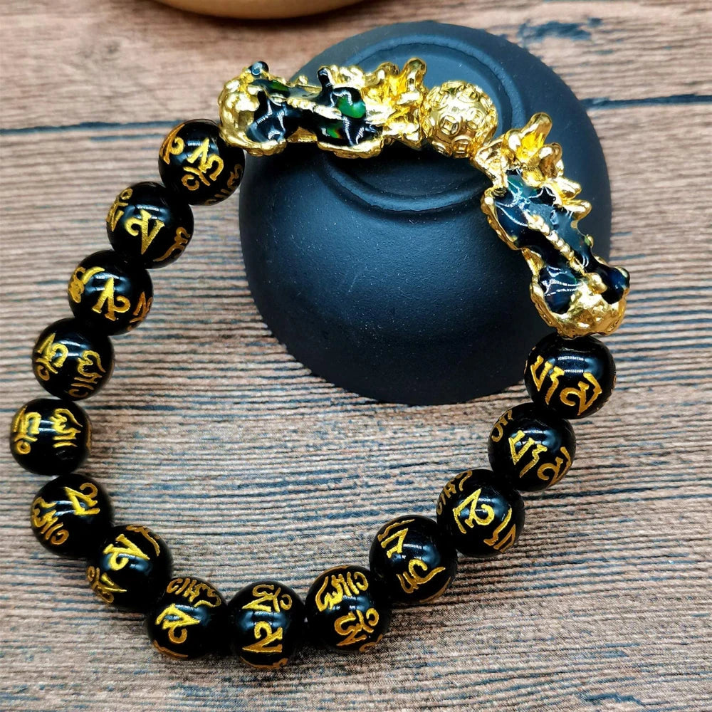 Pulseiras unissex de pedra obsidiana, pulseira chinesa fengshui dupla pixiu que muda de cor, riqueza, boa sorte, homens e mulheres