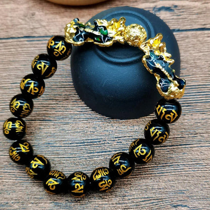 Pulseiras unissex de pedra obsidiana, pulseira chinesa fengshui dupla pixiu que muda de cor, riqueza, boa sorte, homens e mulheres
