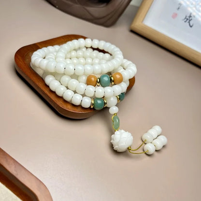 Pulseira de Jade Branco com 108 Contas Budistas, Semente de Bodhi de Lótus, Multicamadas, Cultural e Artística para Oração