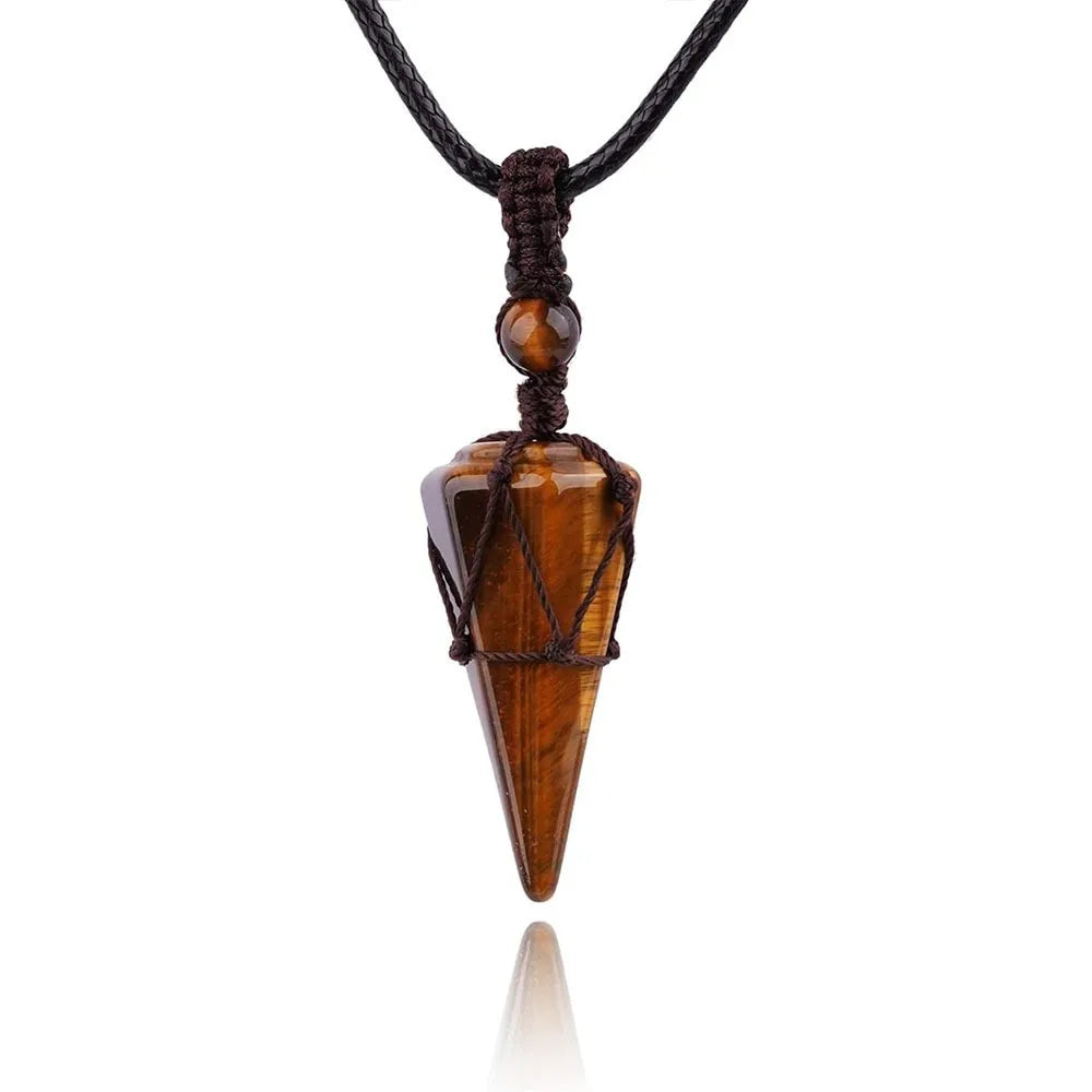 Colar com pingente em forma de cone de obsidiana e olho de tigre natural, para homens e mulheres, com cordão trançado à mão, pingente de cristal em forma de pêndulo, joia para oferecer como presente.
