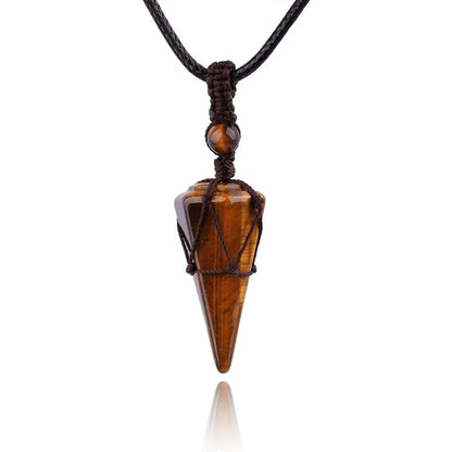 Colar com pingente em forma de cone de obsidiana e olho de tigre natural, para homens e mulheres, com cordão trançado à mão, pingente de cristal em forma de pêndulo, joia para oferecer como presente.