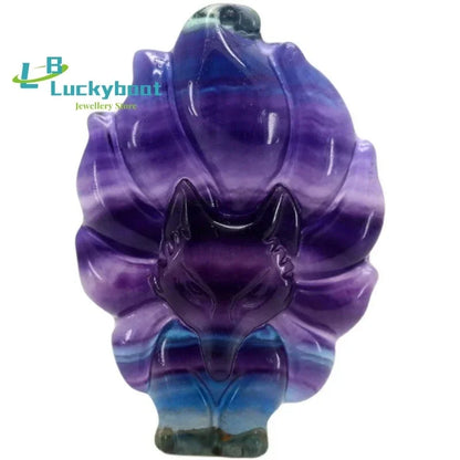 Pingente de Jade em Forma de Raposa de Nove Caudas Esculpido à Mão em Fluorita Natural, Joias de Boutique da Moda, Colar de Raposa para Homens e Mulheres, Presente