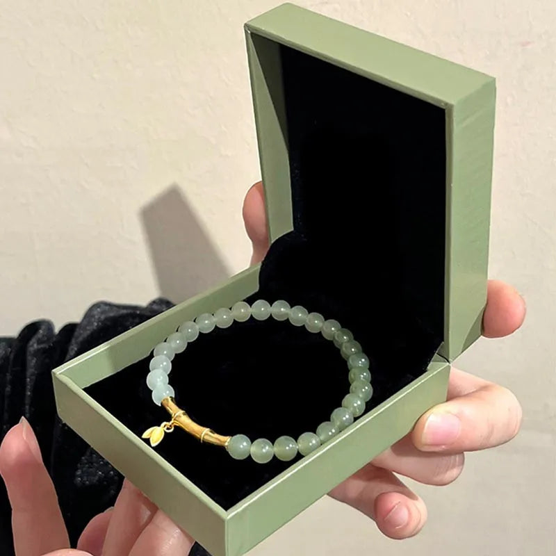 Pulseira de Luxo em Jade Hetian Natural Autêntico Verde com Contas Redondas e Folha de Bambu para Mulheres com Certificado