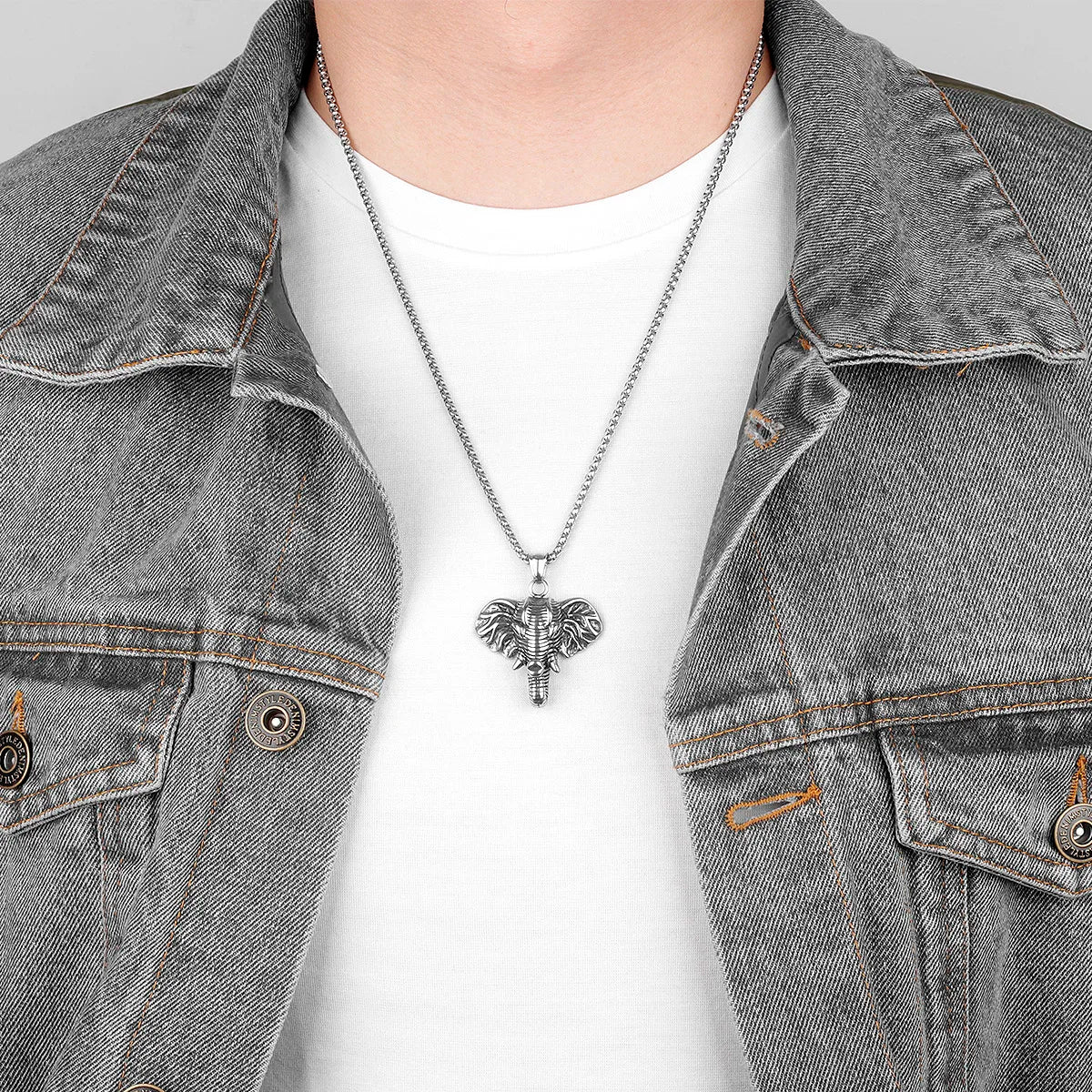 Colares longos masculinos de elefante, pingentes de estilo punk para homens, jóias em aço inoxidável para criatividade
