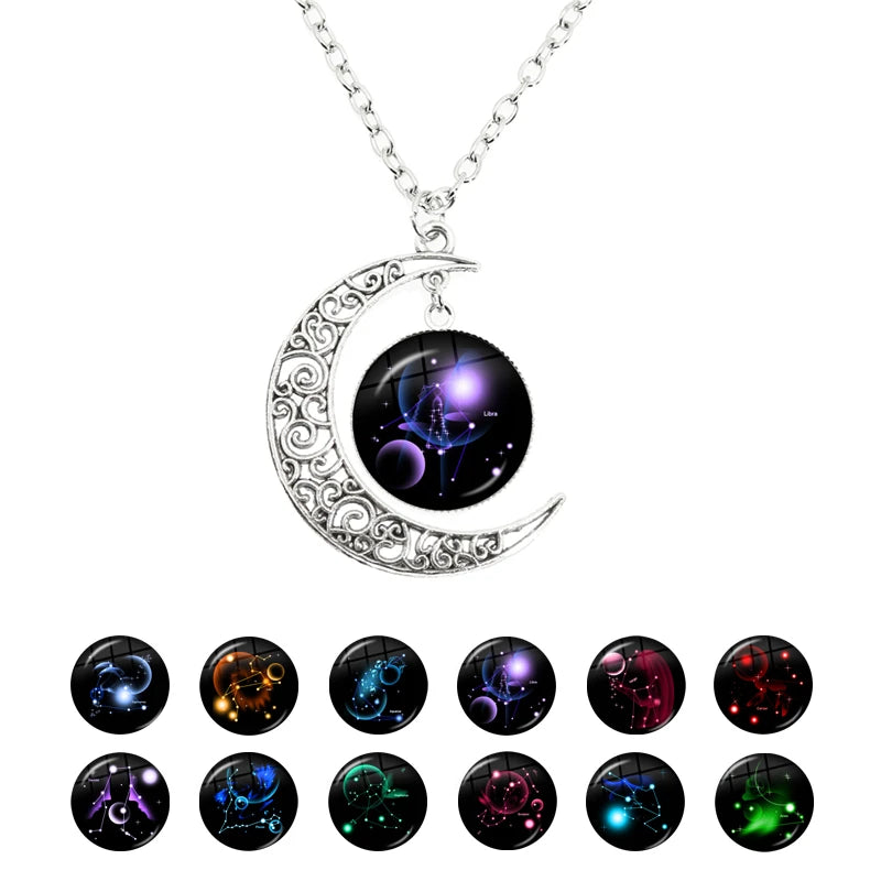12 constellation escorpião sagitário capricórnio aquarius pingente prata cor crescente lua colar jóias presente de aniversário