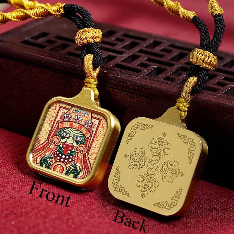 Vintage titânio aço thangka pingentes estilo tibetano zhakiram amarelo deus da riqueza colar talismã masculino e feminino
