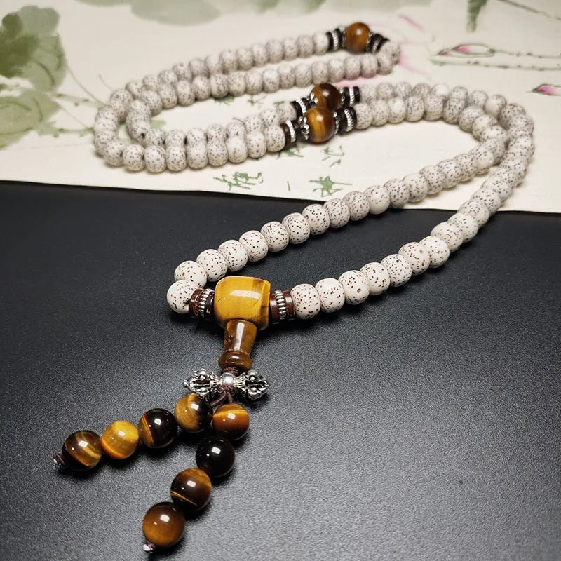 Pulseira e colar de contas de oração com pedra olho de tigre e estrela e lua, semente de Bodhi de Hainan, 108, unissex, budista