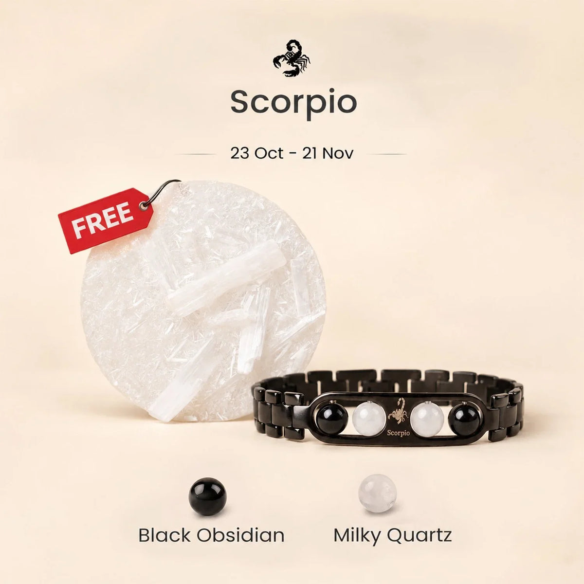 Scorpio Zodiac Metal Bracelet with Free Raw Selenite Plate