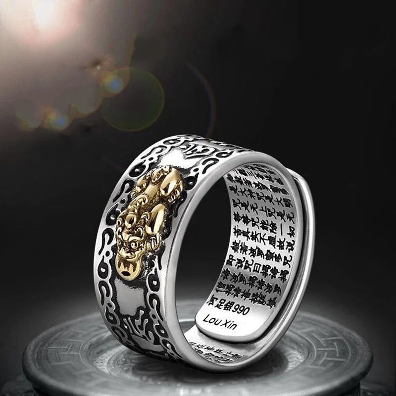 Anel chinês de feng shui pixiu, moedas de cobre banhadas a prata, anéis ajustáveis para mulheres, homens, amuleto, riqueza, joias da sorte, presente de aniversário