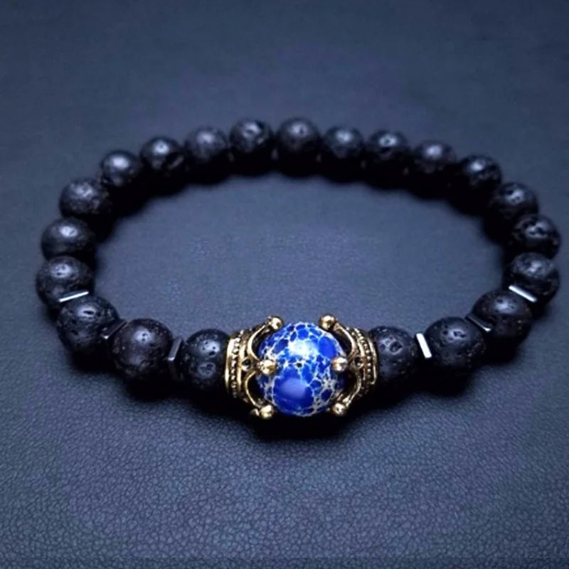 Nova Pulseira Masculina de Moda com Coroa, Contas de Pedra Natural, Olho de Tigre, Lava e Lápis Lazúli