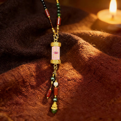 Colar Tibetano Tradicional Pintado à Mão com Sutra do Coração de Lótus, Amuleto Retrô Étnico da Sorte e Fortuna com Ágata