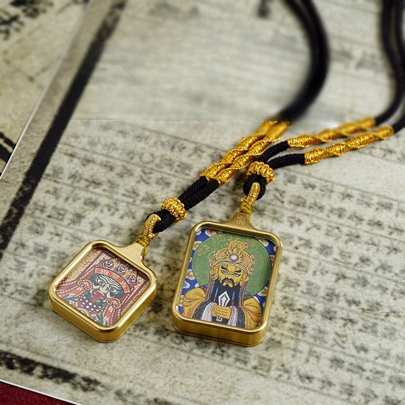 Vintage titânio aço thangka pingentes estilo tibetano zhakiram amarelo deus da riqueza colar talismã masculino e feminino