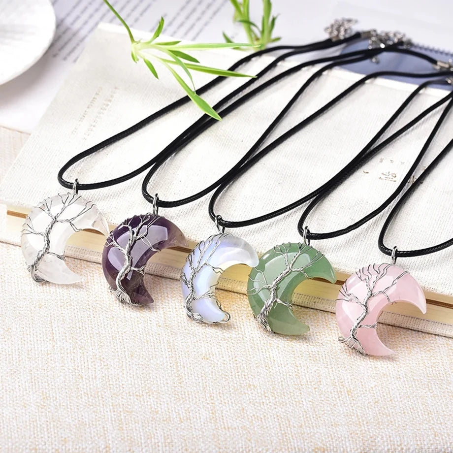 CSJA-Cristal Natural Colar de Pingentes, Lua Crescente Árvore da Vida, Quartzo Rosa, Natural Pedra Chip, Talão Pingentes de Resina, Jóias H151