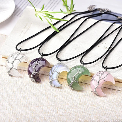 CSJA-Cristal Natural Colar de Pingentes, Lua Crescente Árvore da Vida, Quartzo Rosa, Natural Pedra Chip, Talão Pingentes de Resina, Jóias H151