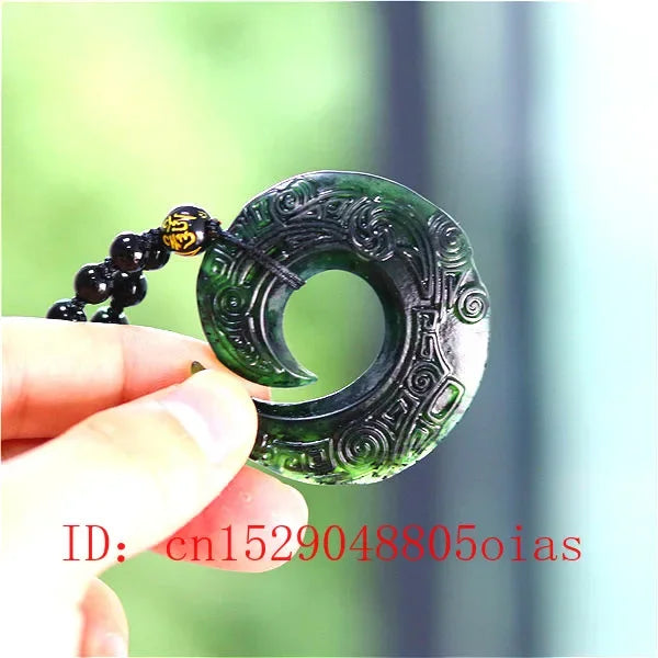 Chinês natural preto verde jade decorativo runa pingente contas colar charme jóias obsidiana dupla face esculpida amuleto presentes