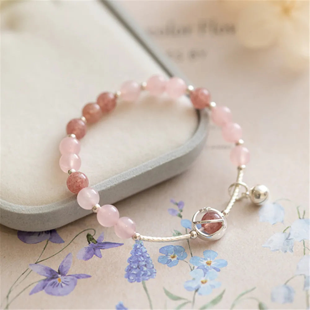 S925 Pulseira de prata Pingente de sino para mulheres, quartzo morango natural, quartzo rosa, artesanal, romântico, joias finas, presente para menina