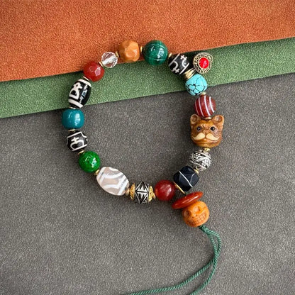 Pulseira de Bênção Estilo Tibetano Tradicional com Osso de Yak, Osso de Camelo, Conta Dzi, Turquesa, Ágata, Estrela, Lua e Bodhi - Joia da Sorte e Fortuna