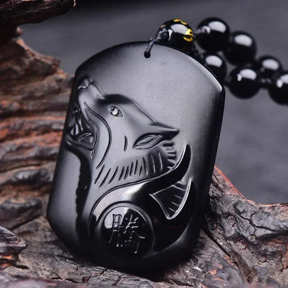 Colar com pingente de fofoca de obsidiana, escultura em forma de dragão e fênix, amuleto da sorte, joias de pérola mantra de seis caracteres