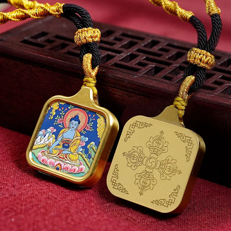 Vintage titânio aço thangka pingentes estilo tibetano zhakiram amarelo deus da riqueza colar talismã masculino e feminino