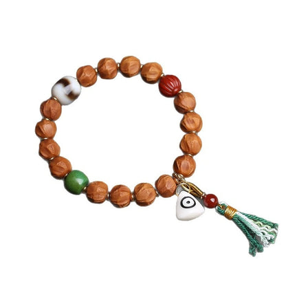 Pulseira de bodhi cor natural com contas de ágata de dente de tigre de laço único e pingente de osso de veado, acessório budista.