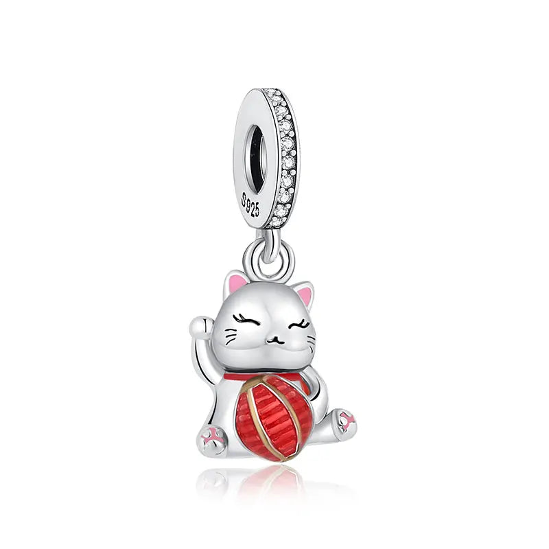 Charms Originais de Prata Esterlina 925, Pingente de Gato da Sorte, Boneca Japonesa, Presente de Ano Novo, Pulseiras e Colares para Mulheres, Joias