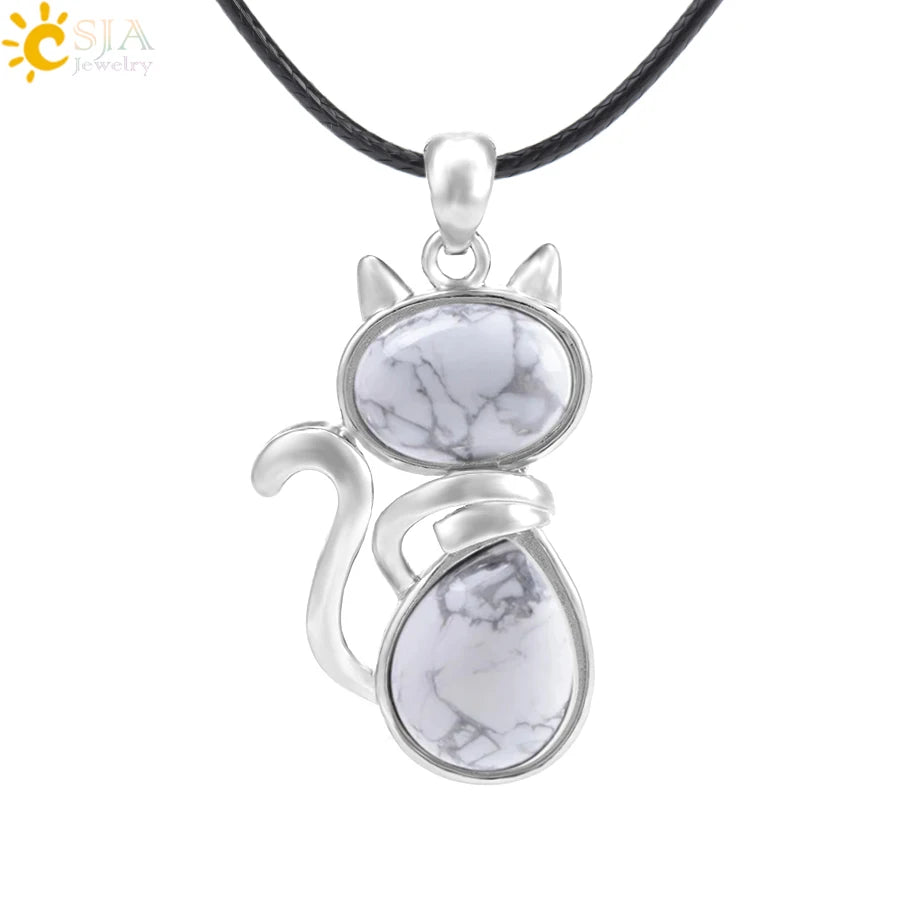 CSJA Reiki Colares de Pedra Natural Pingentes de Quartzo Rosa para Mulheres Menina Bonito Forma de Gato Rocha Preto Onyx Contas Corrente Jóias F066