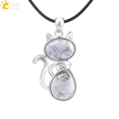 CSJA Reiki Colares de Pedra Natural Pingentes de Quartzo Rosa para Mulheres Menina Bonito Forma de Gato Rocha Preto Onyx Contas Corrente Jóias F066