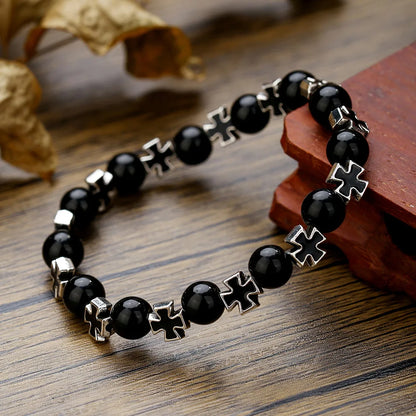 Moda vintage cruz frisado pulseiras para homens proteção de saúde ins estilo retro fosco pedra pulseiras na mão