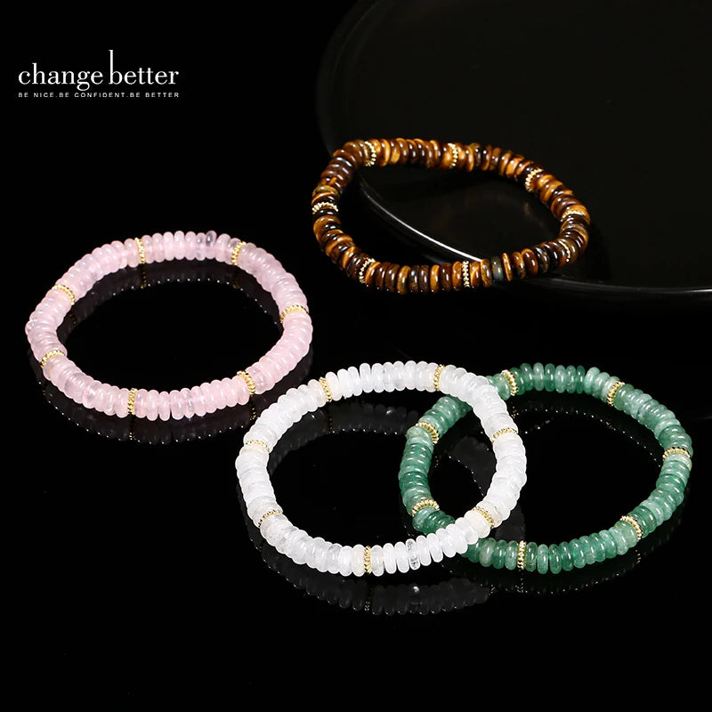 Pedra natural verde aventurina rosa quartzo plana espaçador contas pulseira feminino masculino cura espiritual pulseira elástica jóias presente