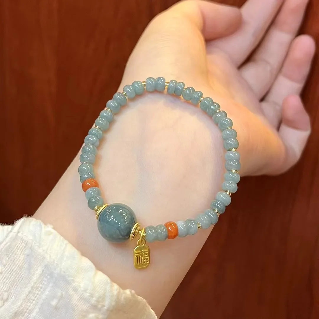 Material de água azul placa de jade contas transportador feminino fu marca pulseira jóias presente novo chinês natural um bens