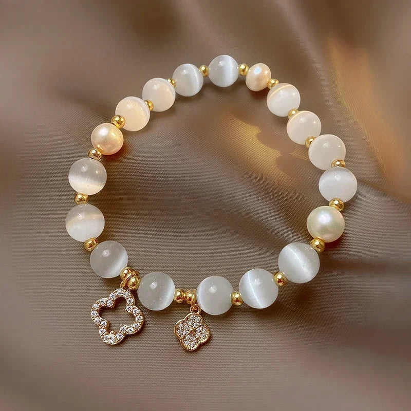 Kirykle pulseira de cristal natural para mulheres, opala branca, pedra, pérola, moda, trevo de quatro folhas da sorte, joias femininas, presente