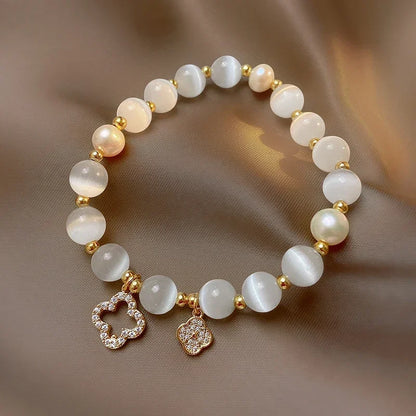 Kirykle pulseira de cristal natural para mulheres, opala branca, pedra, pérola, moda, trevo de quatro folhas da sorte, joias femininas, presente