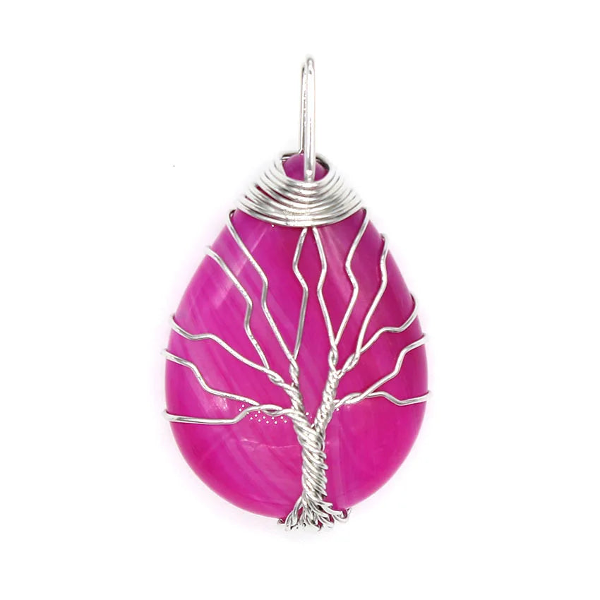 Pingente de Ágata com Cristais de Cura em Quartzo Rosa e Ametista Roxa Natural, com Design de Árvore da Vida e Gota de Água, Enrolado em Arame, Joia para Mulheres