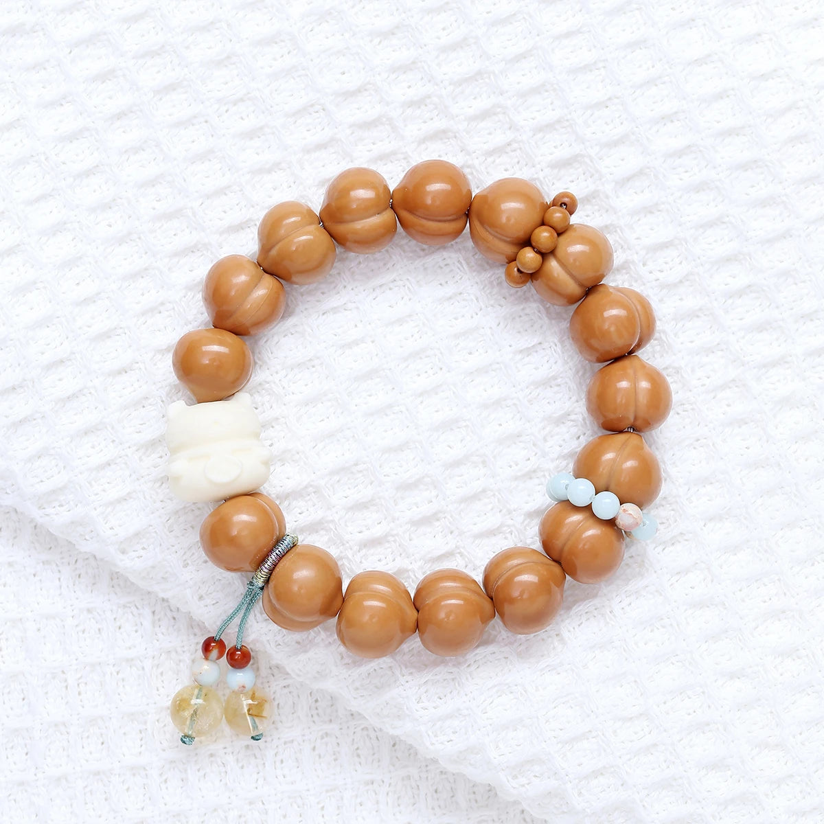 Pulseira de Oração e Presente para Mulheres com Pedra Natural Bodhi, Cabeça de Macaco e Bumbum de Pêssego, com Bênção Lunar