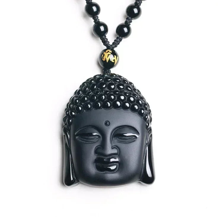Colar com pingente de fofoca de obsidiana, escultura em forma de dragão e fênix, amuleto da sorte, joias de pérola mantra de seis caracteres