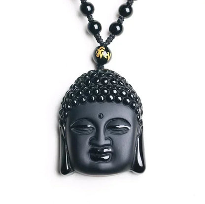 Colar com pingente de fofoca de obsidiana, escultura em forma de dragão e fênix, amuleto da sorte, joias de pérola mantra de seis caracteres