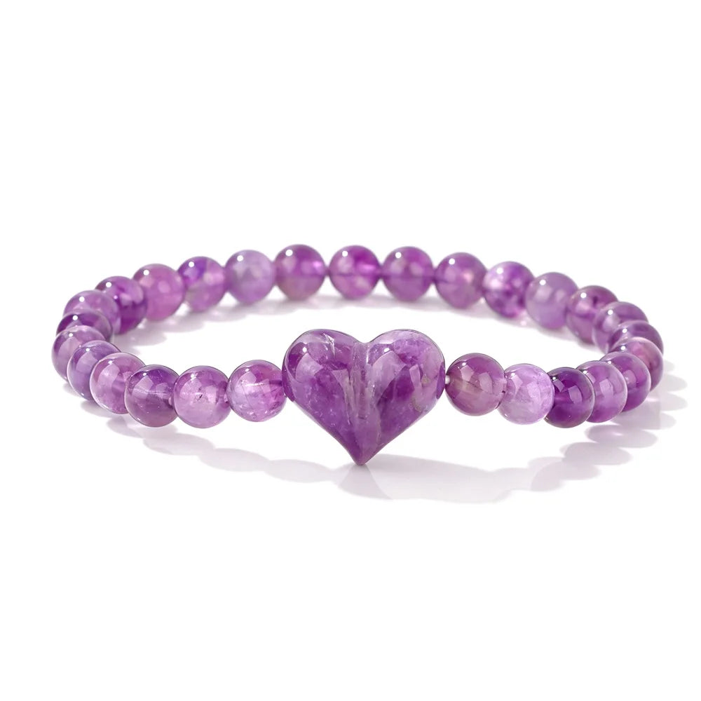 Pulseira de Contas de Ametista Natural de 6mm com Contas de Quartzo Rosa em Formato de Coração, Pulseira da Moda para Mulheres, Joia de Energia Curativa, Presente