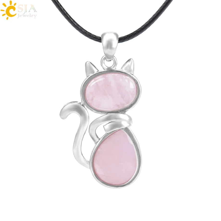 CSJA Reiki Colares de Pedra Natural Pingentes de Quartzo Rosa para Mulheres Menina Bonito Forma de Gato Rocha Preto Onyx Contas Corrente Jóias F066