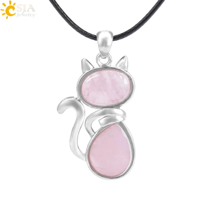 CSJA Reiki Colares de Pedra Natural Pingentes de Quartzo Rosa para Mulheres Menina Bonito Forma de Gato Rocha Preto Onyx Contas Corrente Jóias F066