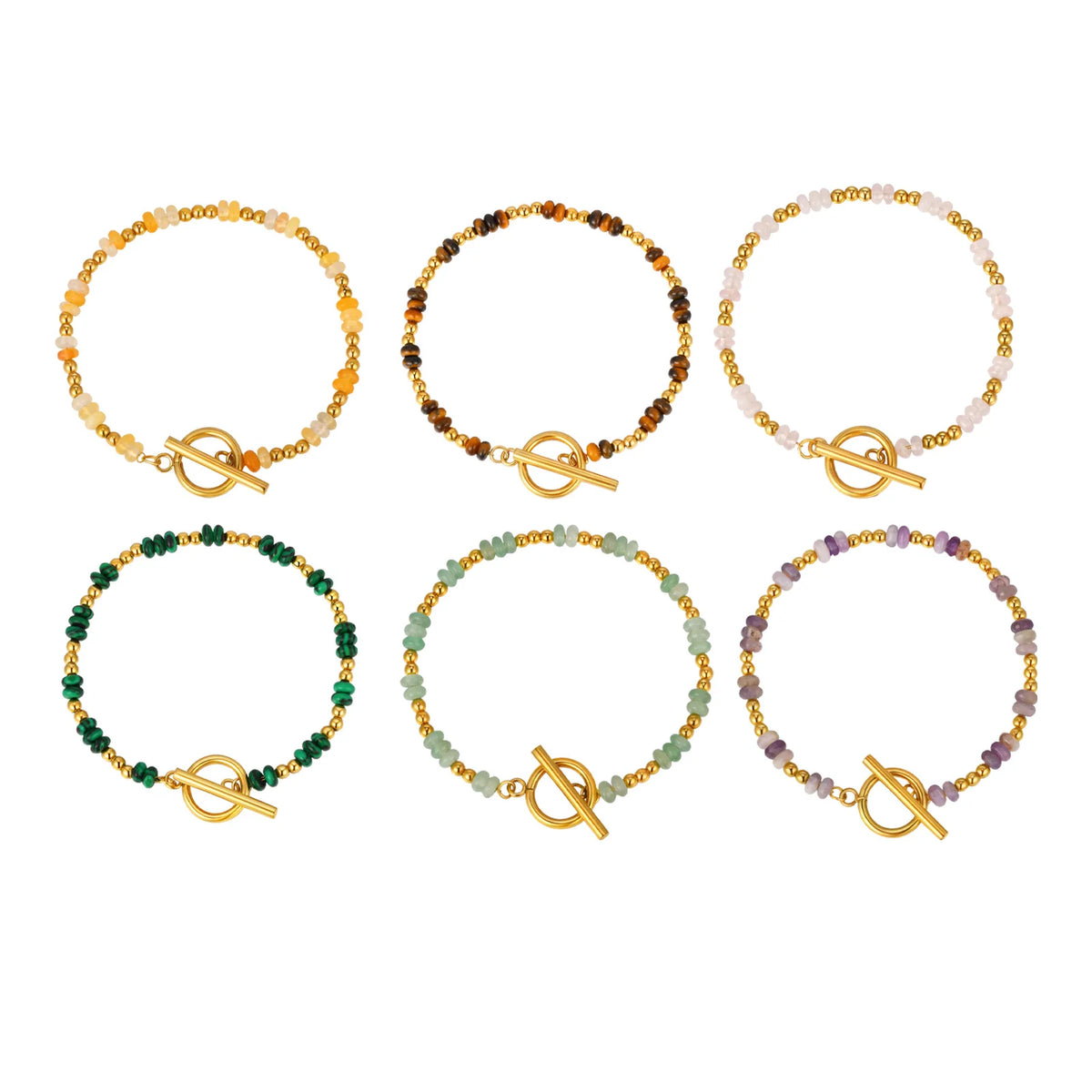 Pulseira de Corrente com Fechos OT e Contas Espaçadoras Pequenas de Pedra Natural Vnox para Mulheres, Pulseiras de Ametistas, Malaquita e Aventurina Verde